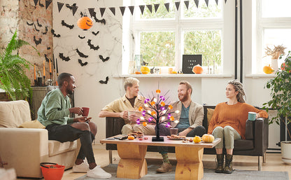 18 Inch Black Halloween Tree Light with 24 LED Pumpkin Bat and Ghost Lights for Indoor Outdoor Halloween Decor