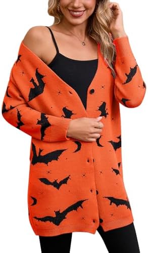 Women’s Halloween Pumpkin Cardigan – Cozy Knit Button Down Fall Sweater