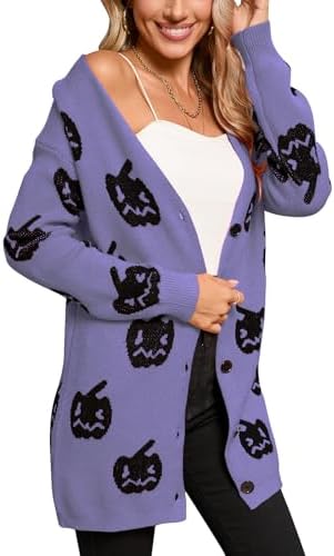Women’s Halloween Pumpkin Cardigan – Cozy Knit Button Down Fall Sweater