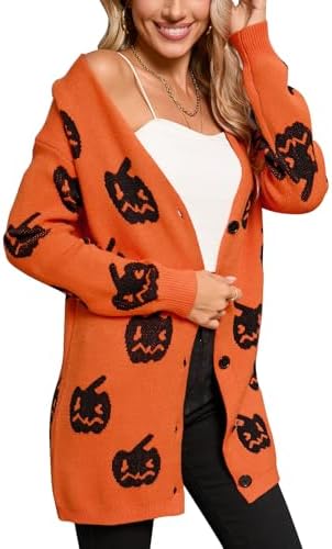 Women’s Halloween Pumpkin Cardigan – Cozy Knit Button Down Fall Sweater
