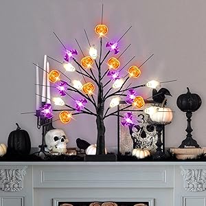 18 Inch Black Halloween Tree Light with 24 LED Pumpkin Bat and Ghost Lights for Indoor Outdoor Halloween Decor