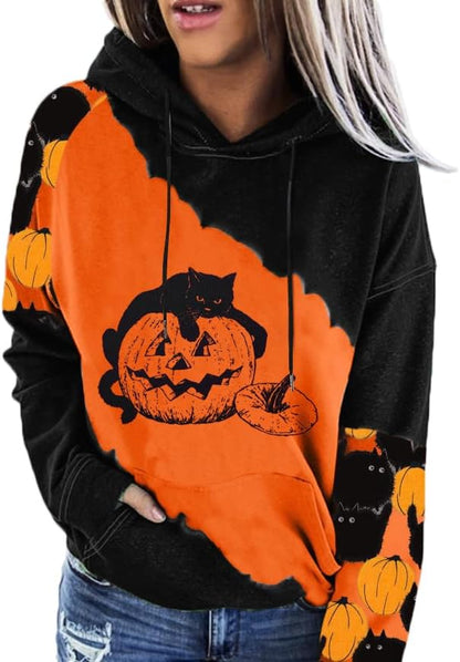 Women’s Halloween Black Cat Pumpkin Sweatshirt – Cozy Fall Pullover Top