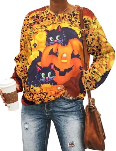 Women’s Halloween Black Cat Pumpkin Sweatshirt – Cozy Fall Pullover Top
