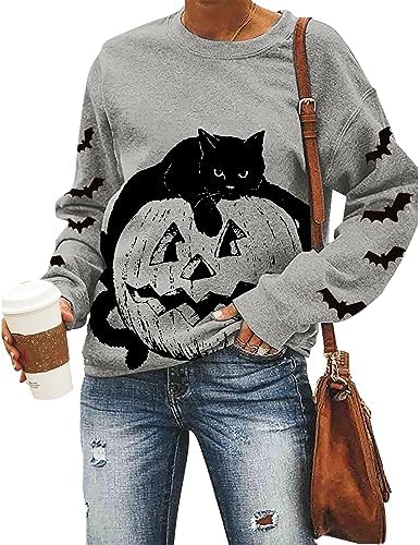 Women’s Halloween Black Cat Pumpkin Sweatshirt – Cozy Fall Pullover Top