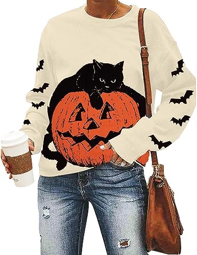 Women’s Halloween Black Cat Pumpkin Sweatshirt – Cozy Fall Pullover Top