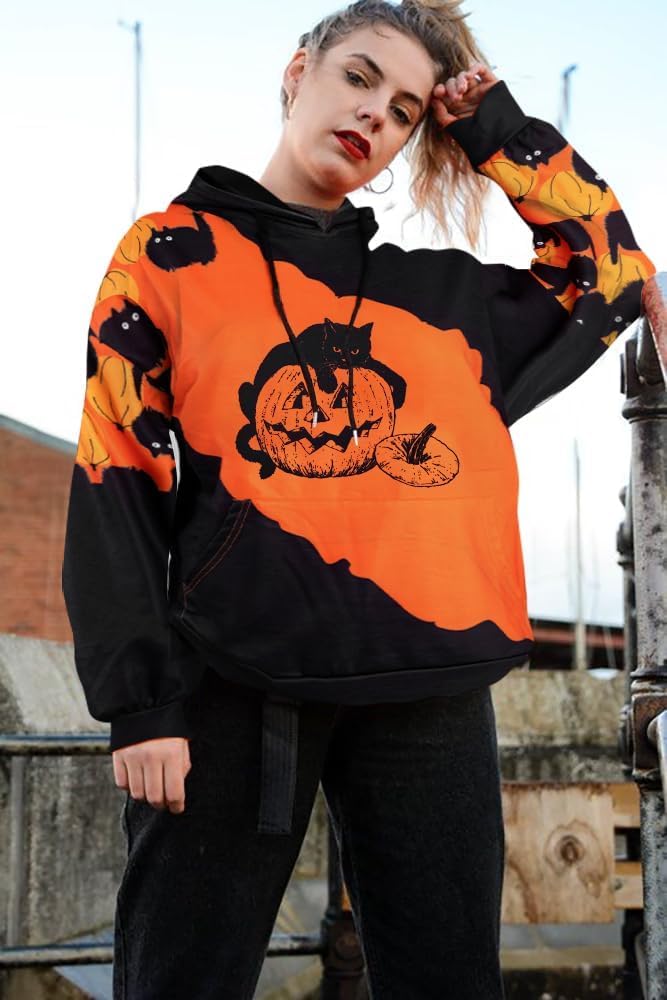 Women’s Halloween Black Cat Pumpkin Sweatshirt – Cozy Fall Pullover Top