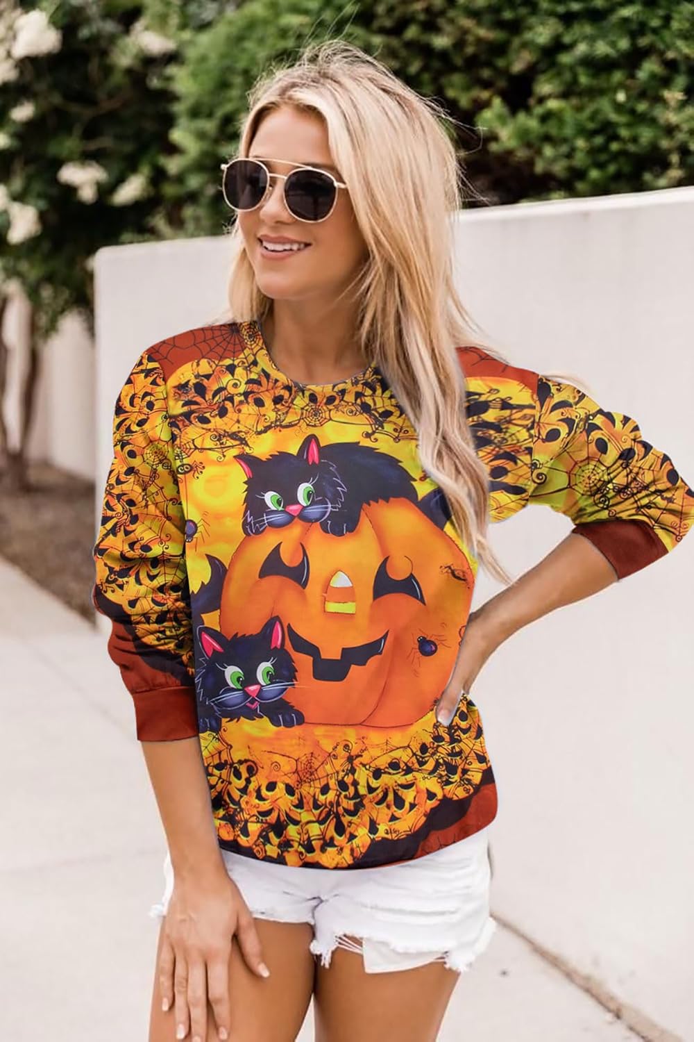 Women’s Halloween Black Cat Pumpkin Sweatshirt – Cozy Fall Pullover Top