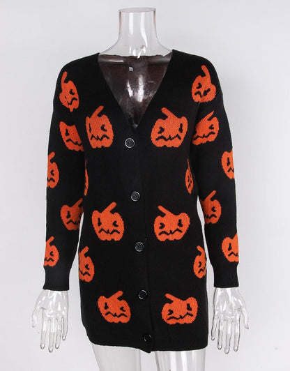 Women’s Halloween Pumpkin Cardigan – Cozy Knit Button Down Fall Sweater