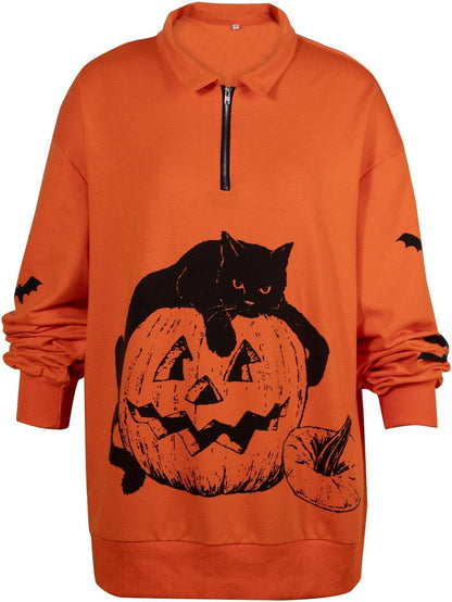 Women’s Halloween Black Cat Pumpkin Sweatshirt – Cozy Fall Pullover Top