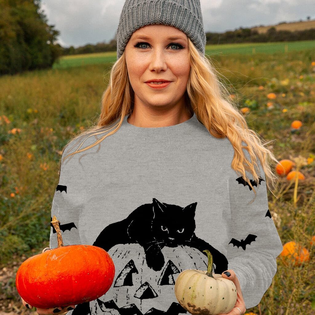 Women’s Halloween Black Cat Pumpkin Sweatshirt – Cozy Fall Pullover Top