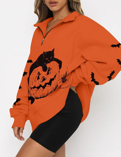 Women’s Halloween Black Cat Pumpkin Sweatshirt – Cozy Fall Pullover Top