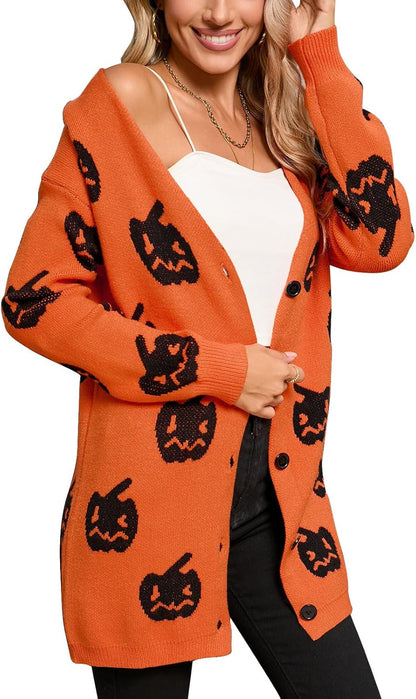 Women’s Halloween Pumpkin Cardigan – Cozy Knit Button Down Fall Sweater