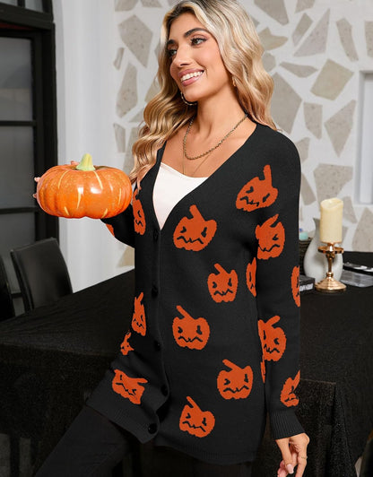 Women’s Halloween Pumpkin Cardigan – Cozy Knit Button Down Fall Sweater