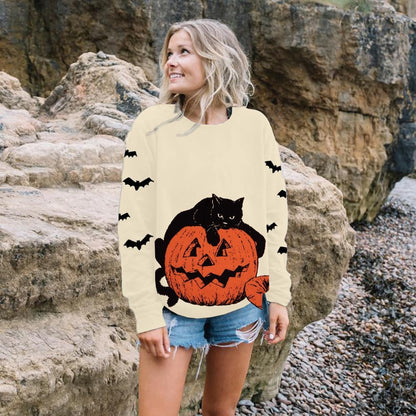 Women’s Halloween Black Cat Pumpkin Sweatshirt – Cozy Fall Pullover Top