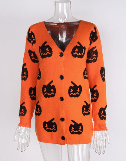 Women’s Halloween Pumpkin Cardigan – Cozy Knit Button Down Fall Sweater