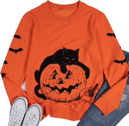 Women’s Halloween Black Cat Pumpkin Sweatshirt – Cozy Fall Pullover Top