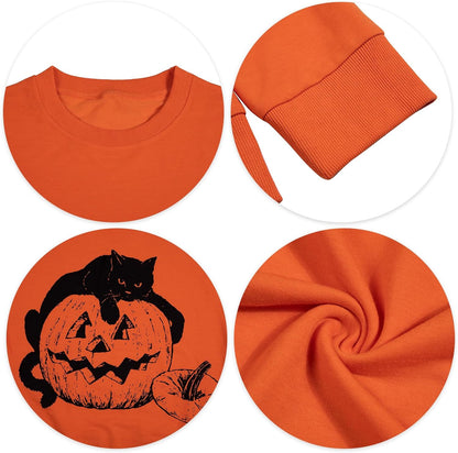 Women’s Halloween Black Cat Pumpkin Sweatshirt – Cozy Fall Pullover Top