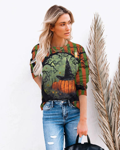 Women’s Halloween Black Cat Pumpkin Sweatshirt – Cozy Fall Pullover Top