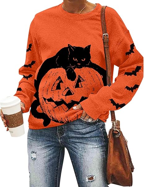 Women’s Halloween Black Cat Pumpkin Sweatshirt – Cozy Fall Pullover Top