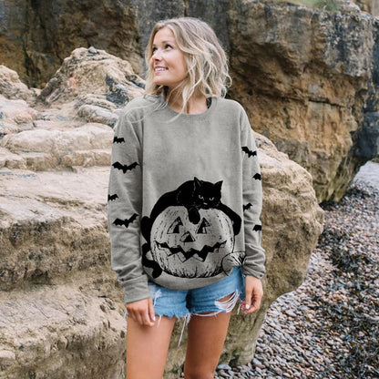 Women’s Halloween Black Cat Pumpkin Sweatshirt – Cozy Fall Pullover Top