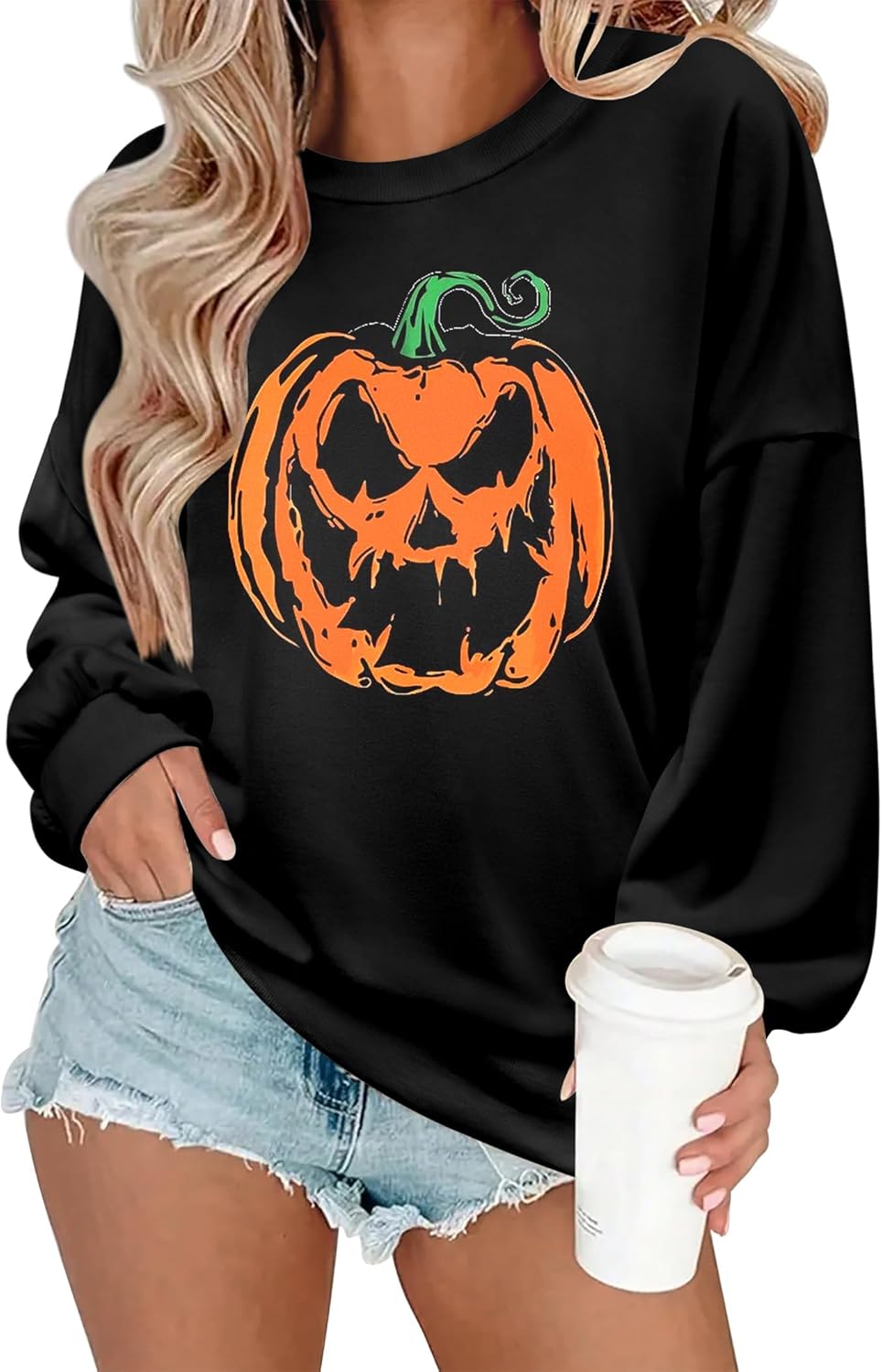 Women’s Halloween Black Cat Pumpkin Sweatshirt – Cozy Fall Pullover Top