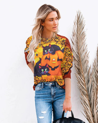 Women’s Halloween Black Cat Pumpkin Sweatshirt – Cozy Fall Pullover Top