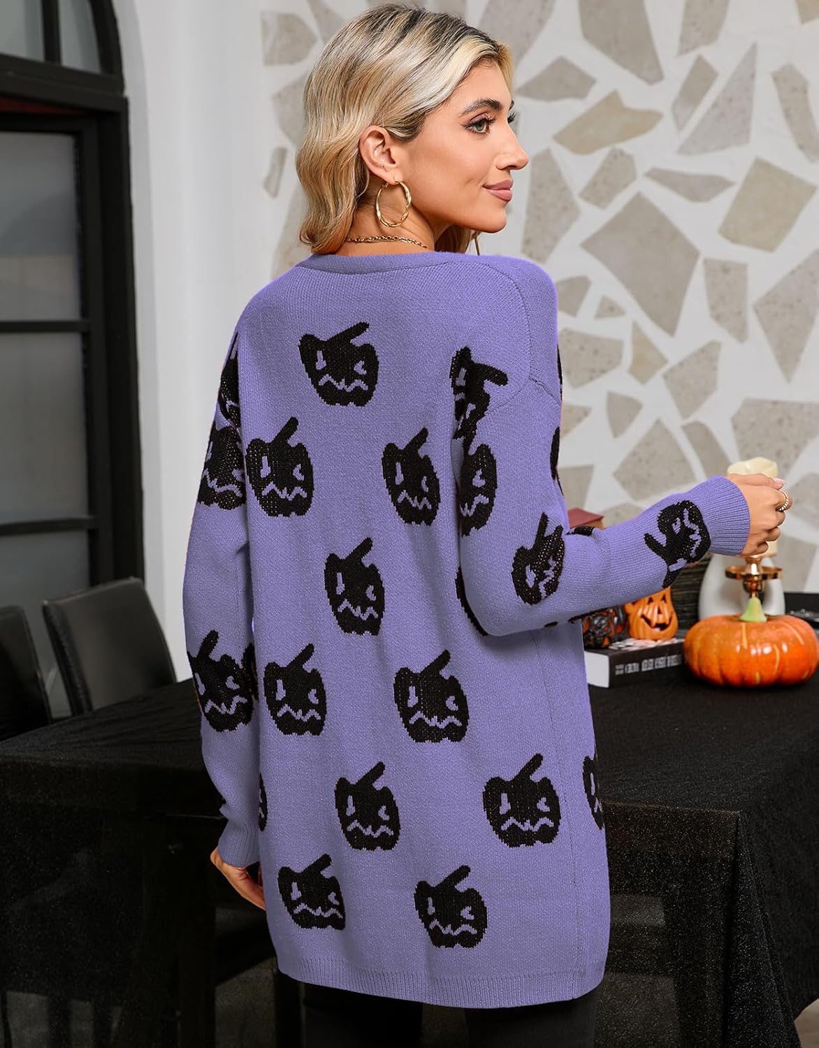Women’s Halloween Pumpkin Cardigan – Cozy Knit Button Down Fall Sweater