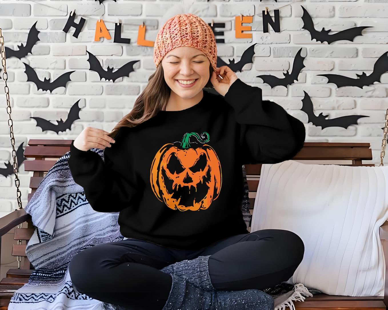 Women’s Halloween Black Cat Pumpkin Sweatshirt – Cozy Fall Pullover Top