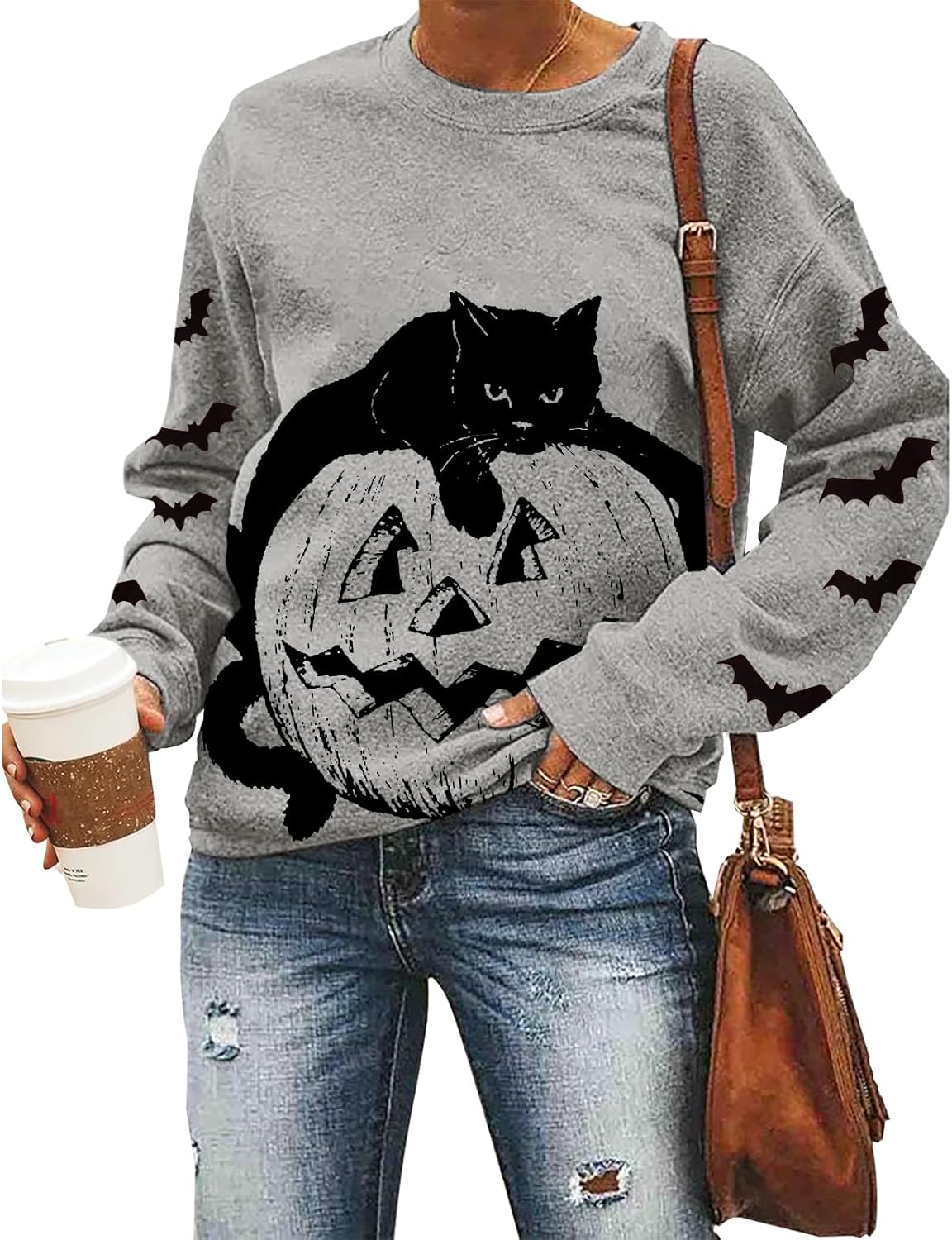 Women’s Halloween Black Cat Pumpkin Sweatshirt – Cozy Fall Pullover Top