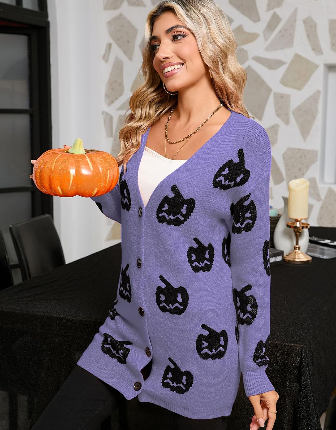 Women’s Halloween Pumpkin Cardigan – Cozy Knit Button Down Fall Sweater