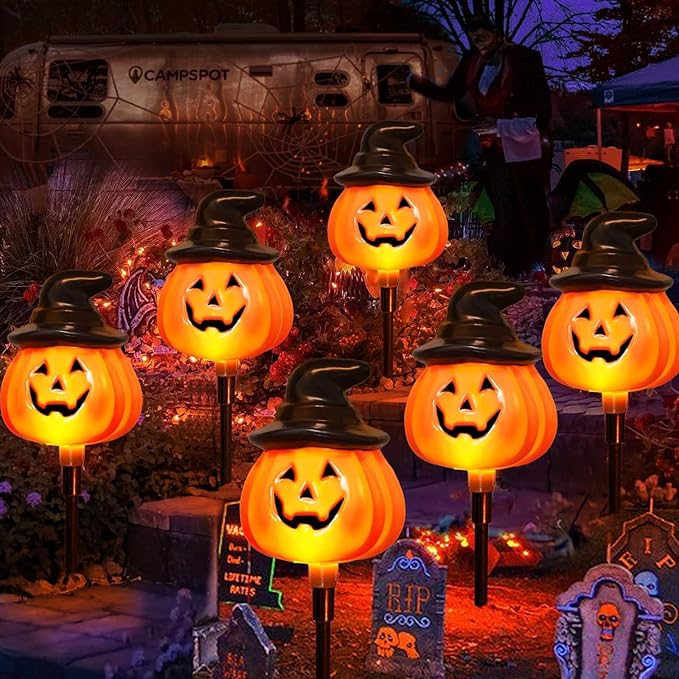 6 Pack Outdoor Halloween Solar Pumpkin Lights for Pathway and Yard Decor