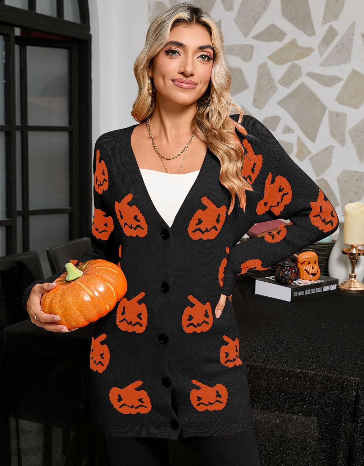 Women’s Halloween Pumpkin Cardigan – Cozy Knit Button Down Fall Sweater
