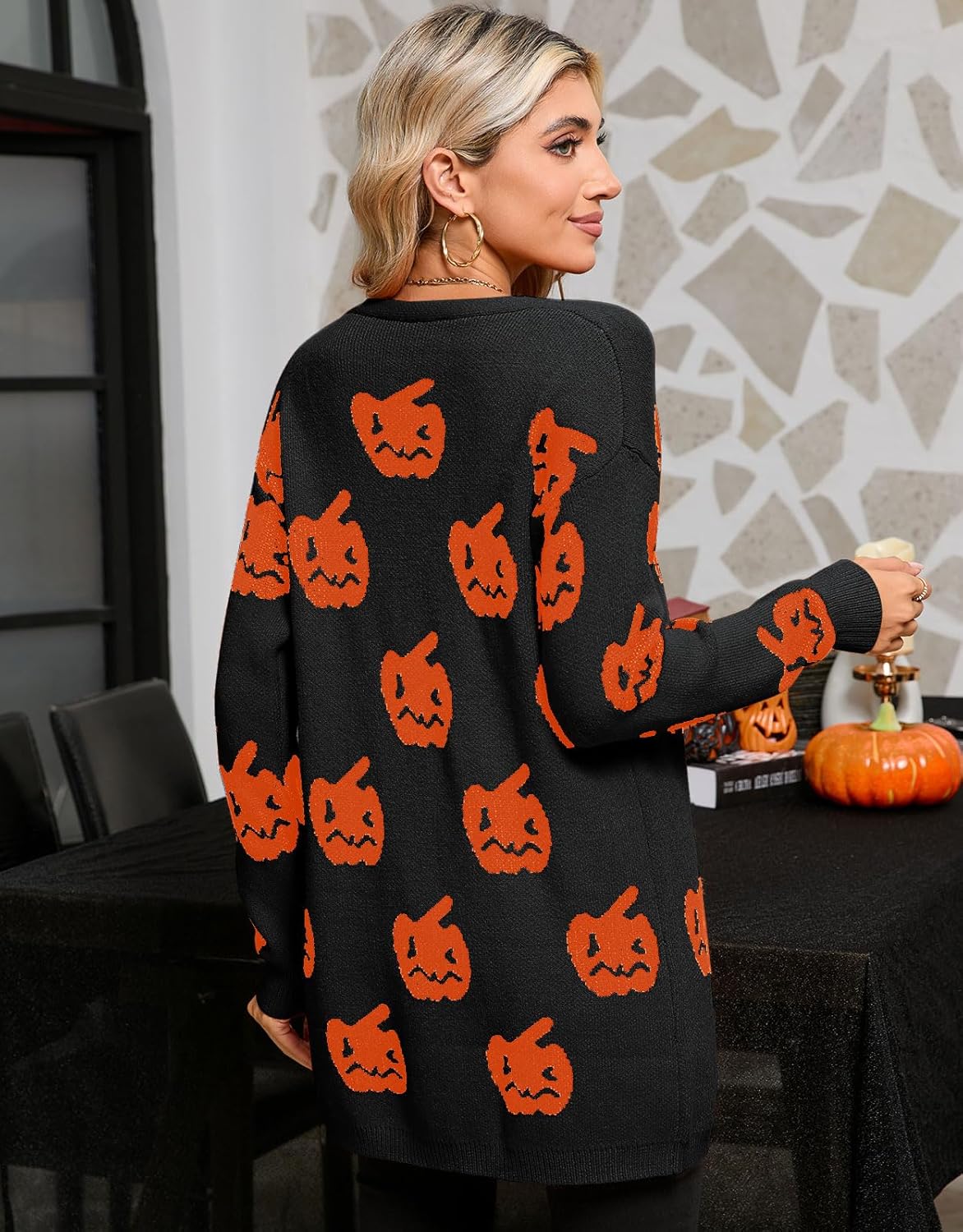 Women’s Halloween Pumpkin Cardigan – Cozy Knit Button Down Fall Sweater