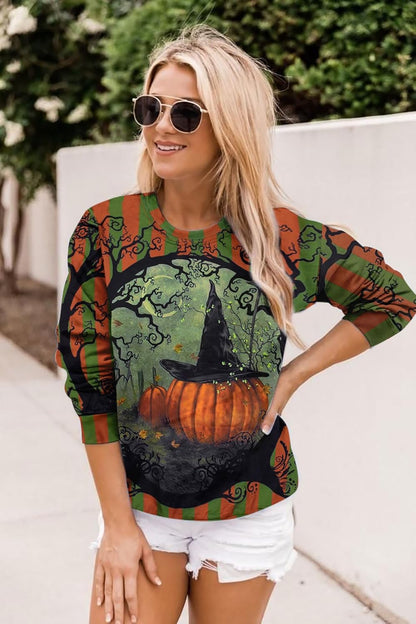 Women’s Halloween Black Cat Pumpkin Sweatshirt – Cozy Fall Pullover Top
