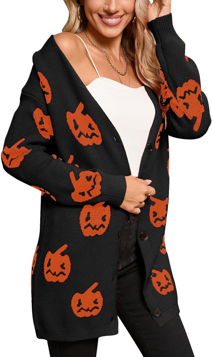 Women’s Halloween Pumpkin Cardigan – Cozy Knit Button Down Fall Sweater