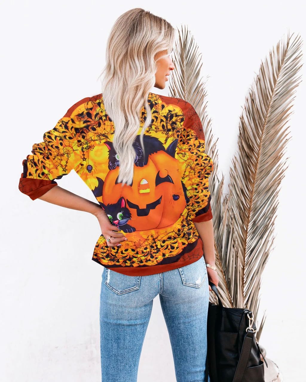 Women’s Halloween Black Cat Pumpkin Sweatshirt – Cozy Fall Pullover Top