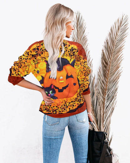 Women’s Halloween Black Cat Pumpkin Sweatshirt – Cozy Fall Pullover Top