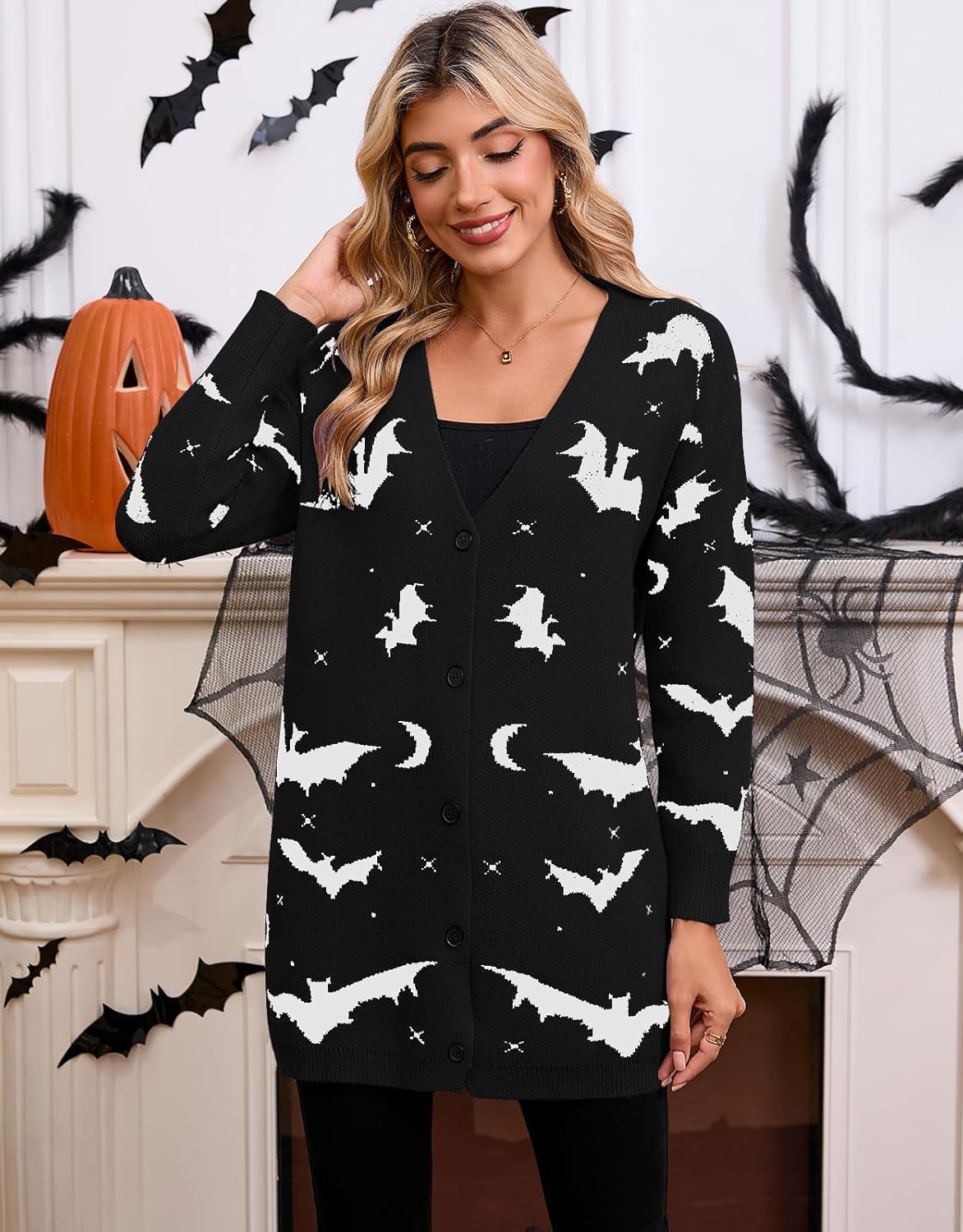 Women’s Halloween Pumpkin Cardigan – Cozy Knit Button Down Fall Sweater