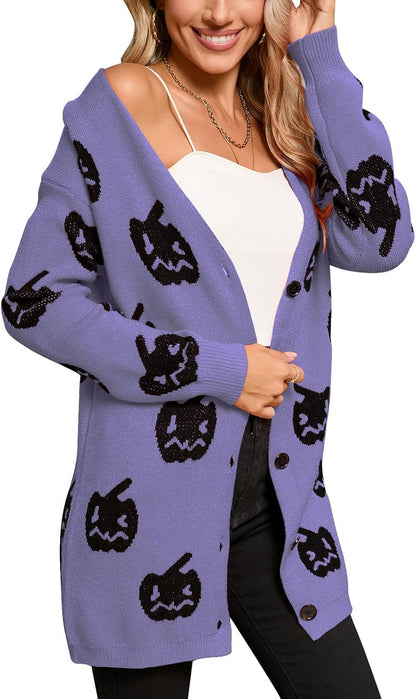 Women’s Halloween Pumpkin Cardigan – Cozy Knit Button Down Fall Sweater