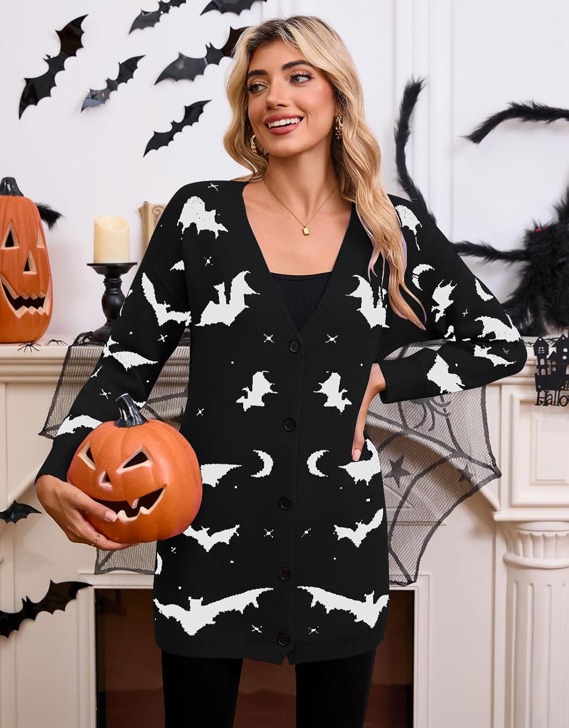 Women’s Halloween Pumpkin Cardigan – Cozy Knit Button Down Fall Sweater