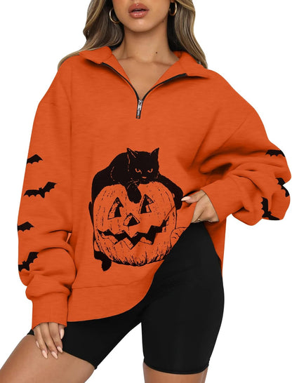 Women’s Halloween Black Cat Pumpkin Sweatshirt – Cozy Fall Pullover Top