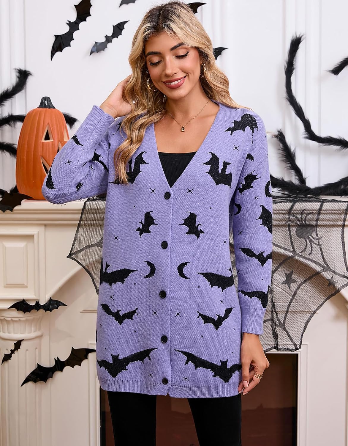 Women’s Halloween Pumpkin Cardigan – Cozy Knit Button Down Fall Sweater