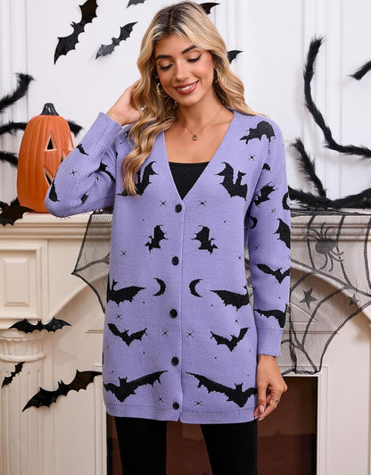 Women’s Halloween Pumpkin Cardigan – Cozy Knit Button Down Fall Sweater