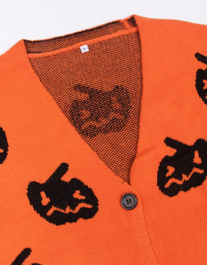 Women’s Halloween Pumpkin Cardigan – Cozy Knit Button Down Fall Sweater