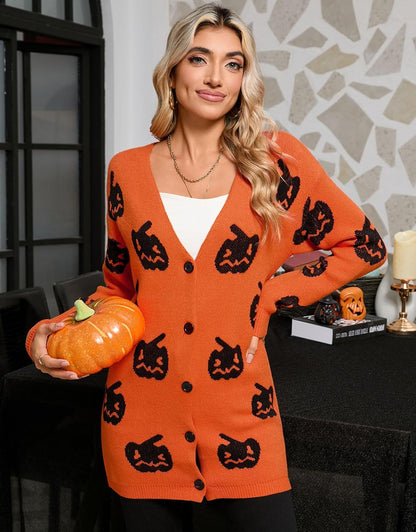 Women’s Halloween Pumpkin Cardigan – Cozy Knit Button Down Fall Sweater