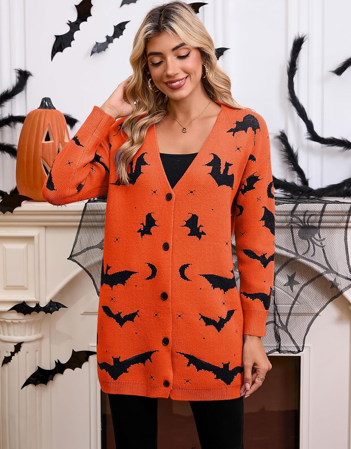 Women’s Halloween Pumpkin Cardigan – Cozy Knit Button Down Fall Sweater