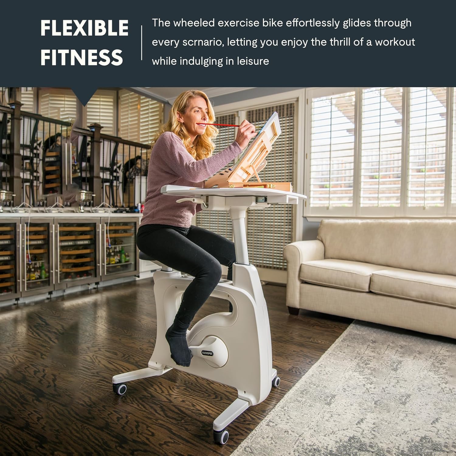 V9 3-IN-1 Exercise Bike, All-In-One under Desk Bike, Indoor Cycling Bike with Adjustable Resistance/Lcd Display/Seat/Desktop 350LBS Heavy Duty, Stationary Bike for Home,White