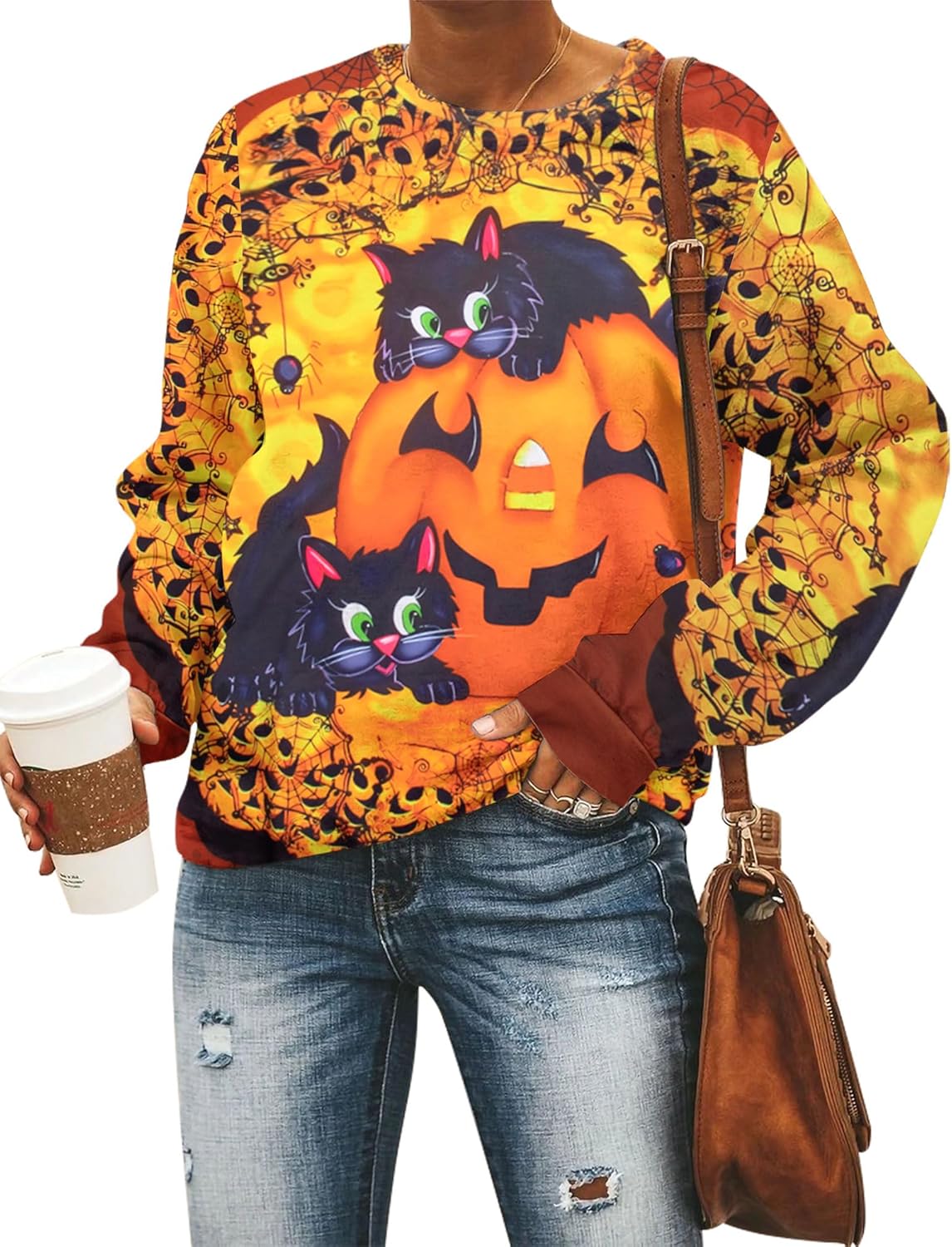Women’s Halloween Black Cat Pumpkin Sweatshirt – Cozy Fall Pullover Top