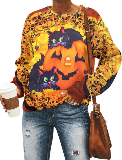 Women’s Halloween Black Cat Pumpkin Sweatshirt – Cozy Fall Pullover Top