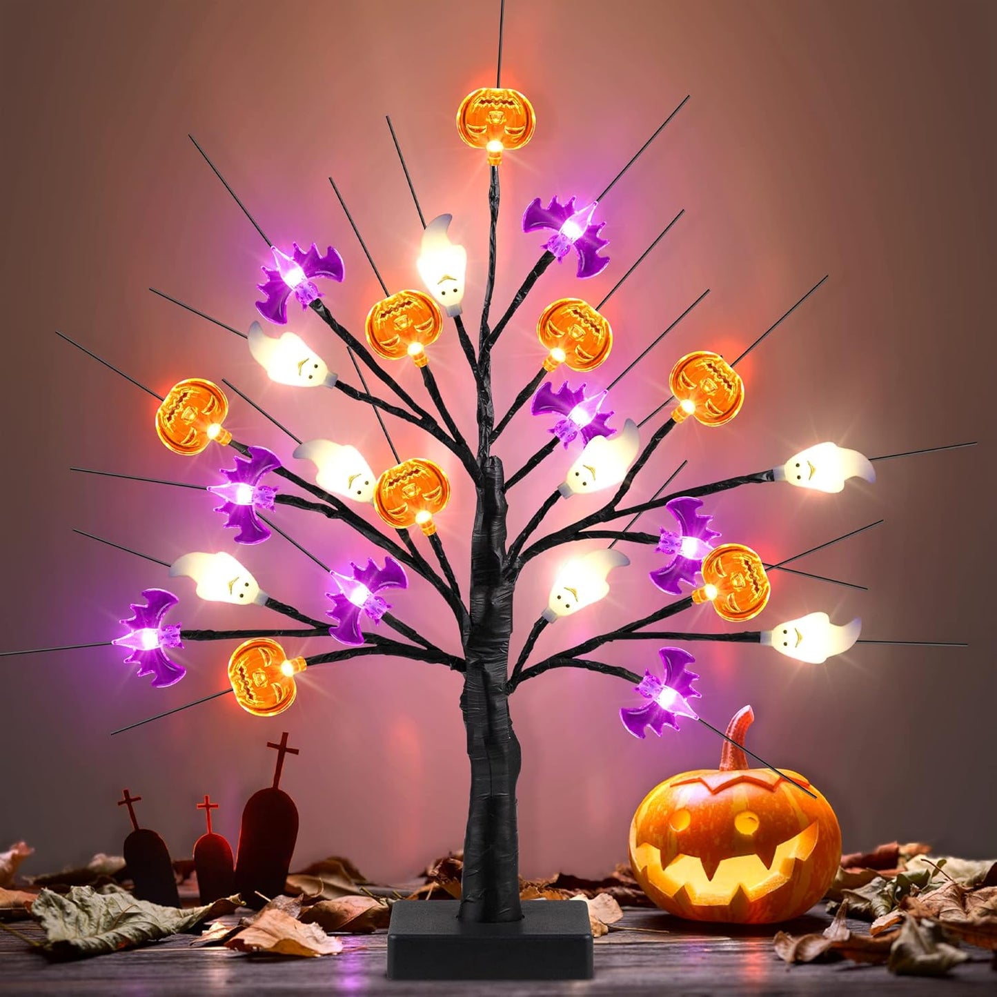 18 Inch Black Halloween Tree Light with 24 LED Pumpkin Bat and Ghost Lights for Indoor Outdoor Halloween Decor